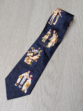Tom James Brown & Bigelow Silk Tie 2001 Vintage Sports Americana Golf‎ Navy Blue